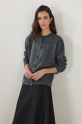 Düğmeli Örme Triko Kısa Hırka Antrasit