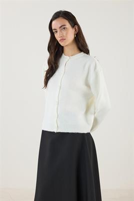 Düğmeli Örme Triko Kısa Hırka Ekru