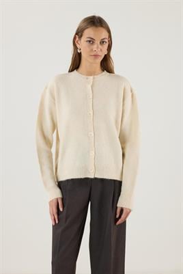 Düğmeli Örme Triko Kısa Hırka Krem