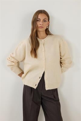 Düğmeli Örme Triko Kısa Hırka Krem