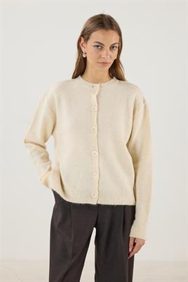 Düğmeli Örme Triko Kısa Hırka Krem