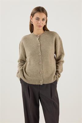 Düğmeli Örme Triko Kısa Hırka Vizon