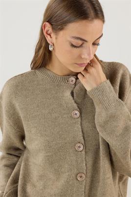 Düğmeli Örme Triko Kısa Hırka Vizon