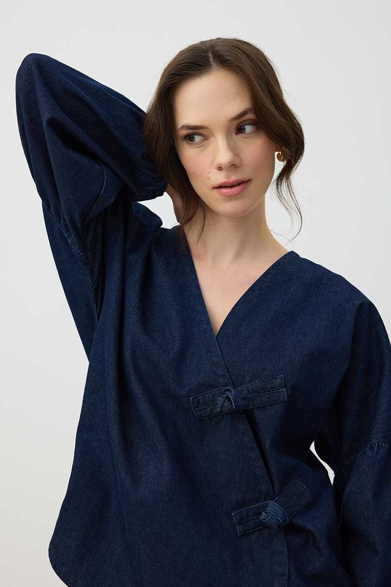 Düğüm Detaylı Kot Kimono Lacivert