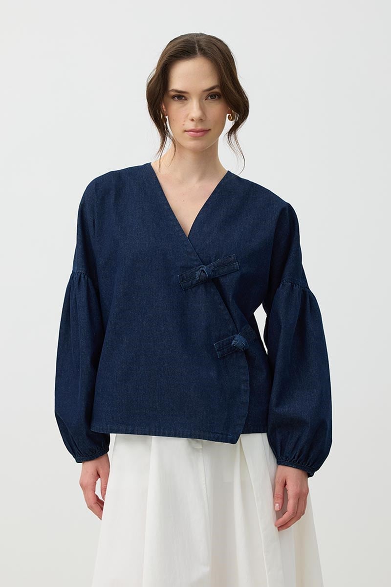Düğüm Detaylı Kot Kimono Lacivert