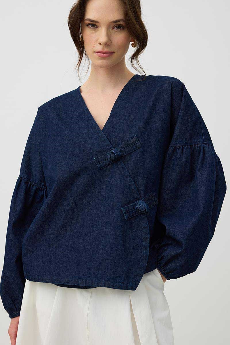 Düğüm Detaylı Kot Kimono Lacivert