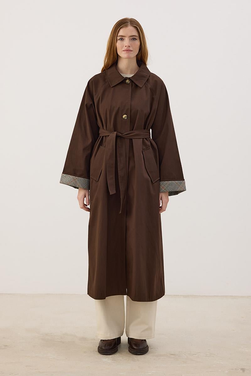 Ekose Manşetli Uzun Trençkot Acı kahve