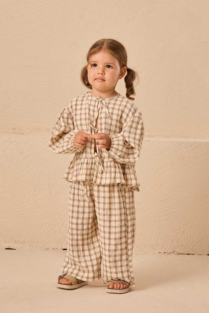 Ekoseli Çocuk Kimono Takım Kahverengi