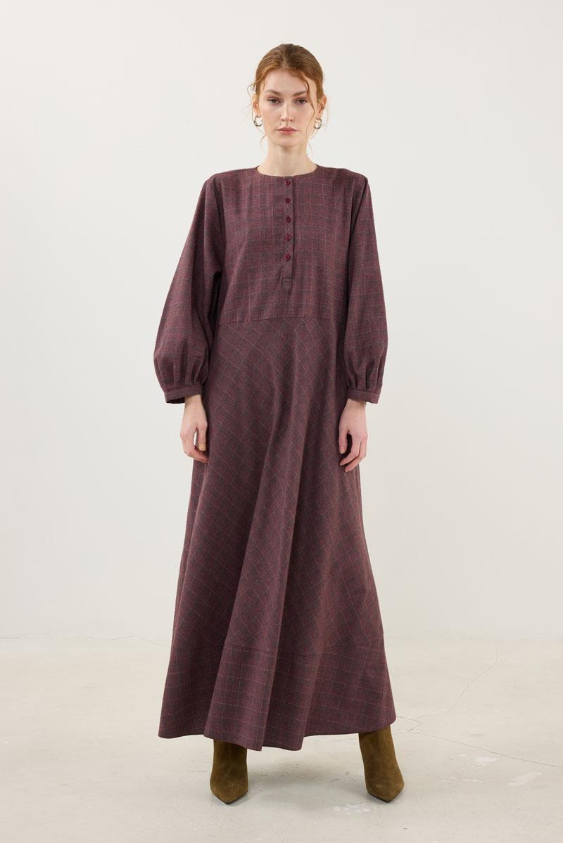 Ekoseli Elbise Bordo