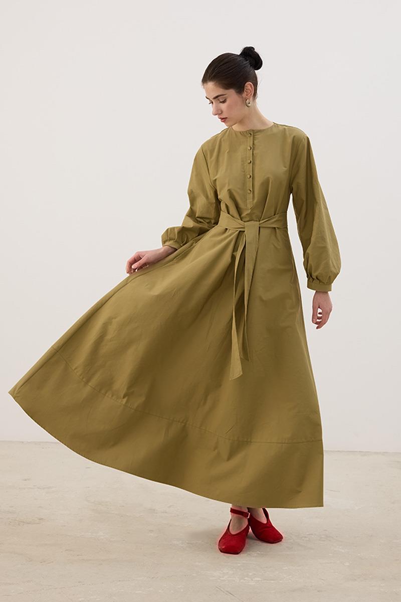 Eteği Parçalı Elbise Yağ Yeşili