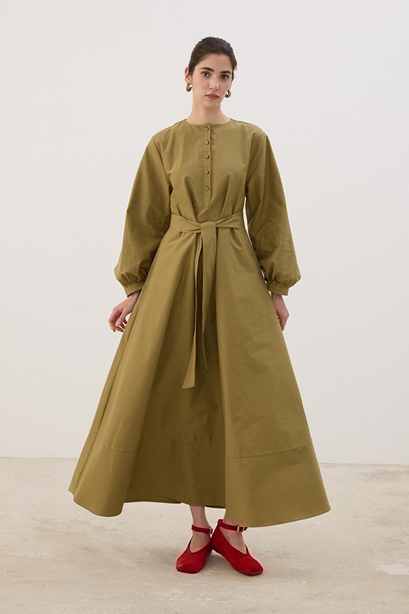 Eteği Parçalı Elbise Yağ Yeşili