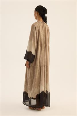 Etek Ucu Desenli Şifon Elbise Bej