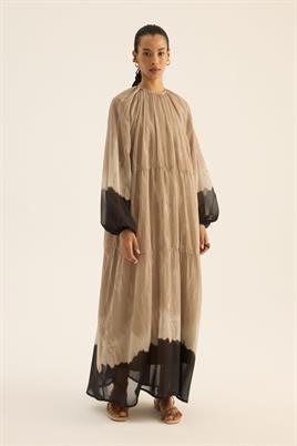 Etek Ucu Desenli Şifon Elbise Bej