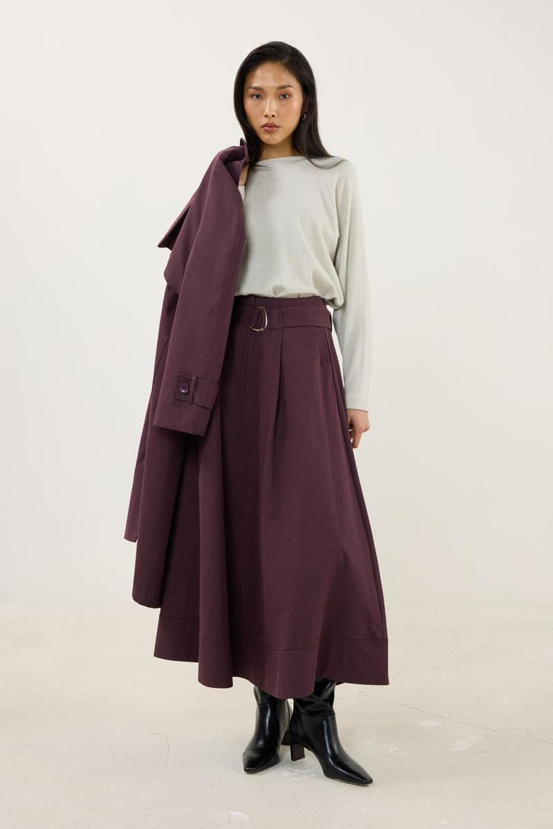 Etek Ucu Parçalı Kemerli Etek Mürdüm