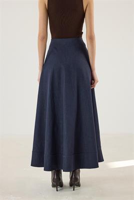 Etek Ucu Parçalı Kloş Kesim Kot Etek Lacivert