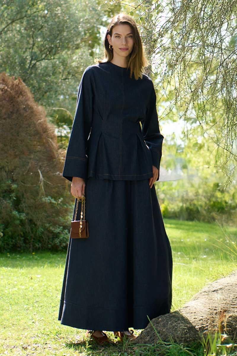 Etek Ucu Parçalı Kloş Kesim Kot Etek Lacivert