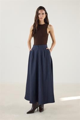 Etek Ucu Parçalı Kloş Kesim Kot Etek Lacivert