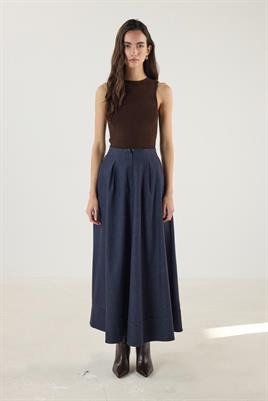 Etek Ucu Parçalı Kloş Kesim Kot Etek Lacivert