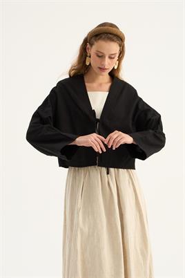 Etek Üstü Keten Kimono Siyah