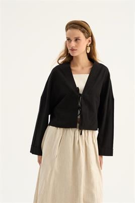 Etek Üstü Keten Kimono Siyah