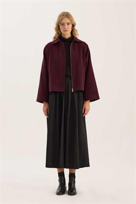 Fermuarlı Etek Üstü Kaban Bordo