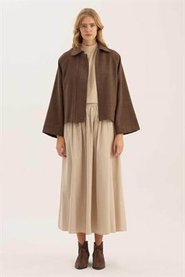 Fermuarlı Etek Üstü Kaban Kahverengi