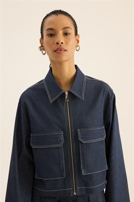 Fermuarlı Kot Ceket Beyaz Dikişli