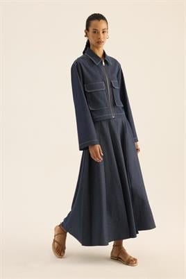 Fermuarlı Kot Ceket Beyaz Dikişli