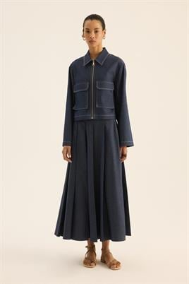 Fermuarlı Kot Ceket Beyaz Dikişli