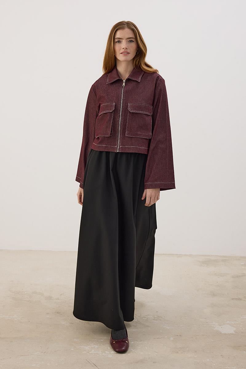 Fermuarlı Kot Ceket Bordo