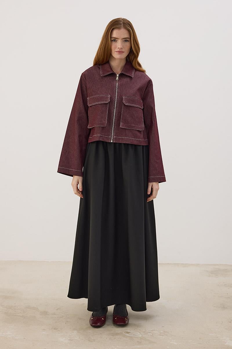 Fermuarlı Kot Ceket Bordo