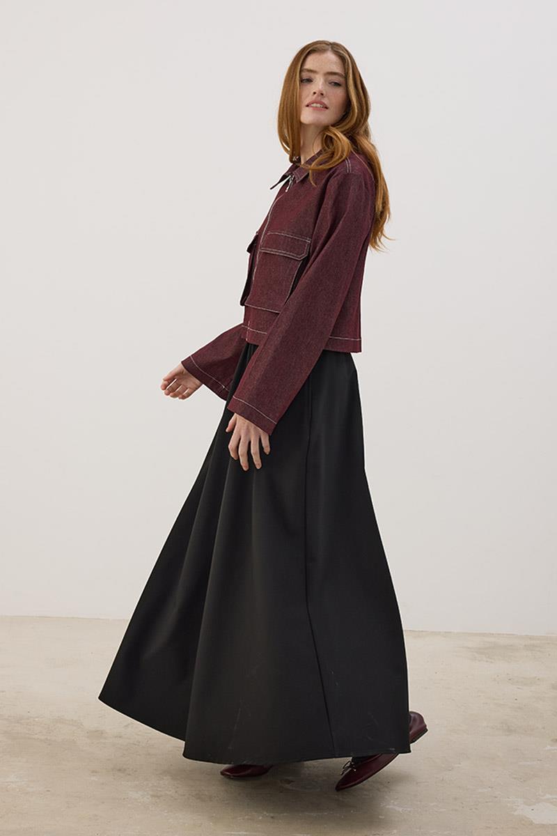 Fermuarlı Kot Ceket Bordo