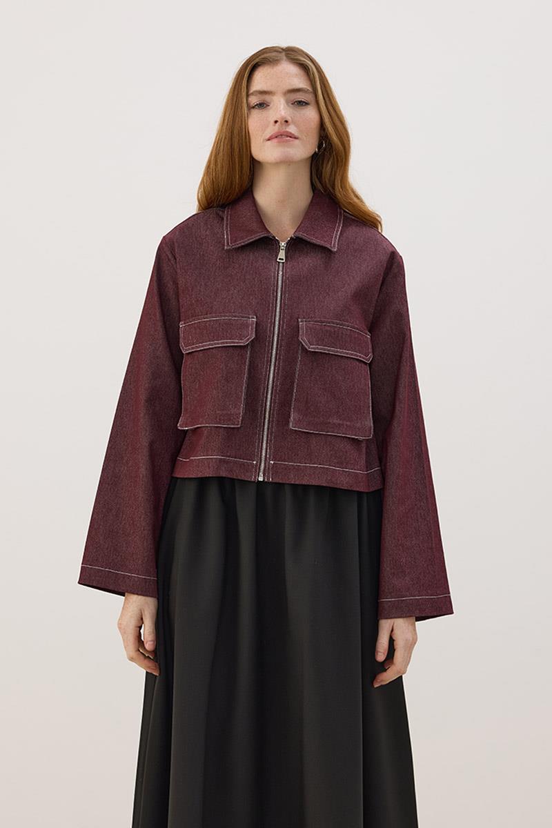 Fermuarlı Kot Ceket Bordo