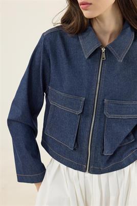 Fermuarlı Kot Ceket Camel Dikişli