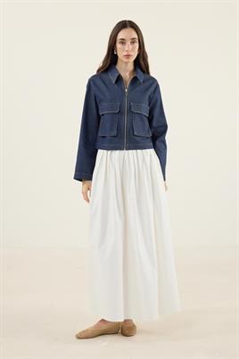 Fermuarlı Kot Ceket Camel Dikişli