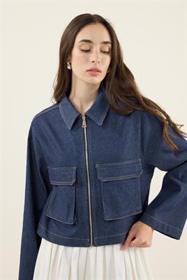 Fermuarlı Kot Ceket Camel Dikişli