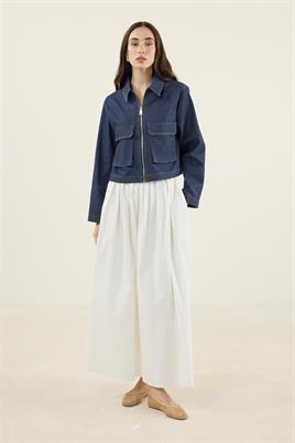 Fermuarlı Kot Ceket Camel Dikişli