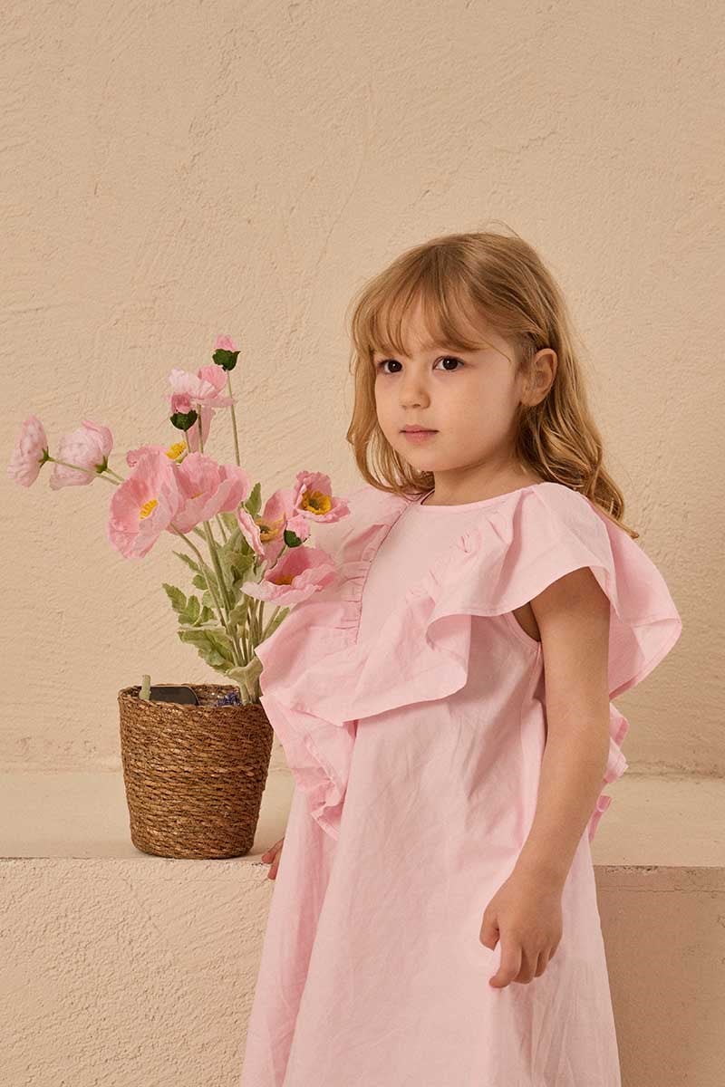 Fırfırlı Poplin Çocuk Elbise Pembe