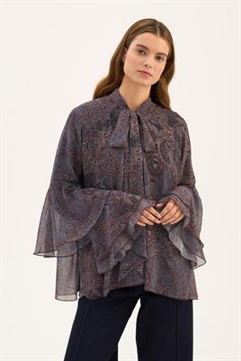 Fularlı Şifon Bluz Füme