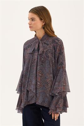 Fularlı Şifon Bluz Füme