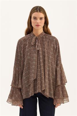 Fularlı Şifon Bluz Kahve