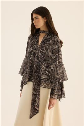 Fularlı Şifon Bluz Siyah