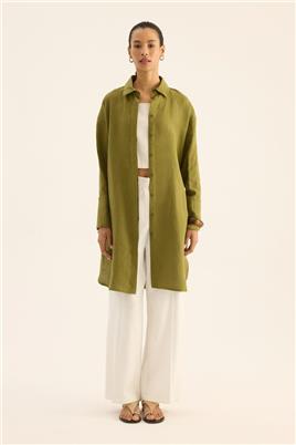 Geniş Manşetli %100 Keten Tunik Haki