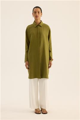 Geniş Manşetli %100 Keten Tunik Haki