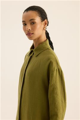 Geniş Manşetli %100 Keten Tunik Haki