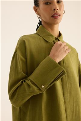 Geniş Manşetli %100 Keten Tunik Haki