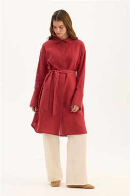 Geniş Manşetli %100 Keten Tunik Kırmızı