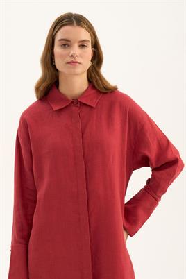 Geniş Manşetli %100 Keten Tunik Kırmızı