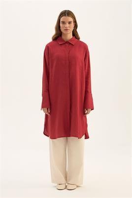 Geniş Manşetli %100 Keten Tunik Kırmızı