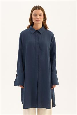 Geniş Manşetli %100 Keten Tunik Lacivert